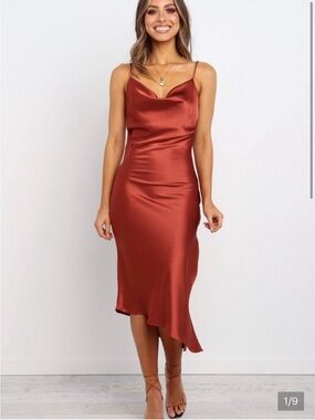 Petal & Pup Satin Cowl Midi Cypress Dress in Rust US size 6